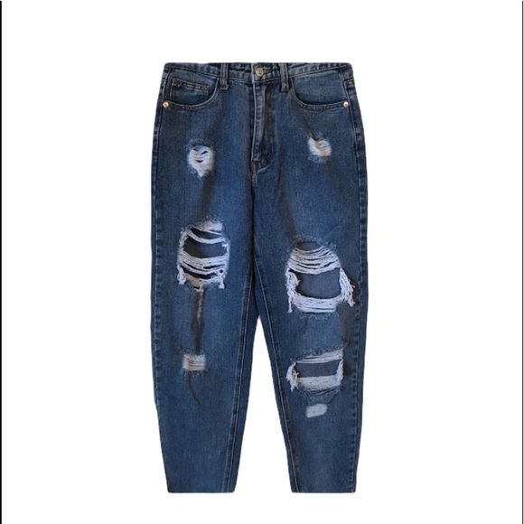 High Waist Distressed Mom Jeans With Tapered Leg - Picture 1 of 8